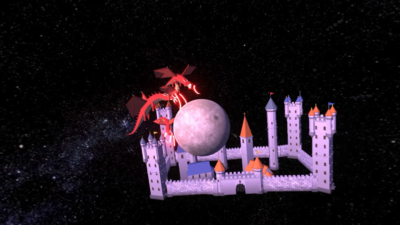 The castle glowing in a starry night scene with a large moon