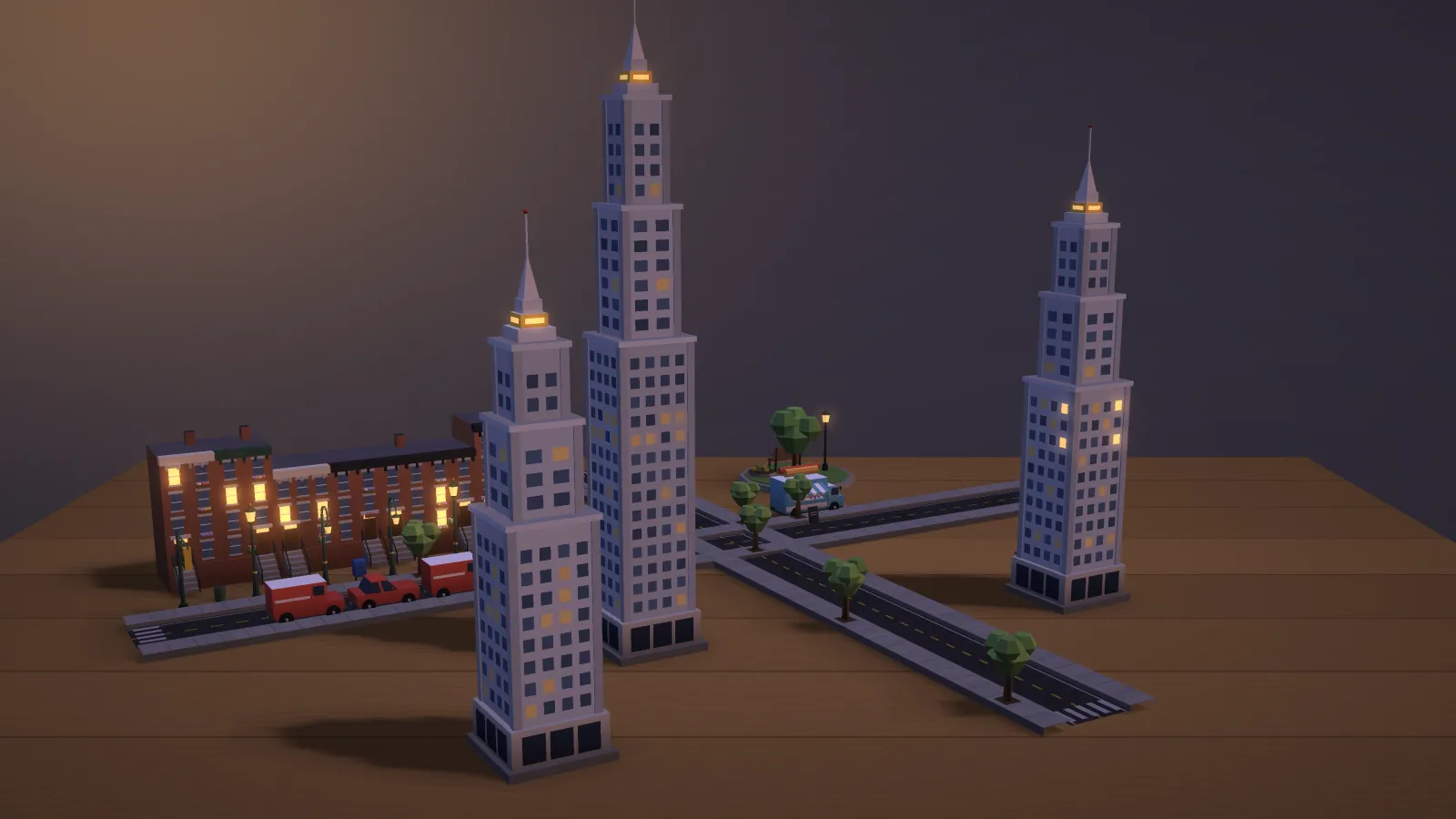 Downtown with skyscrapers and streets at dusk