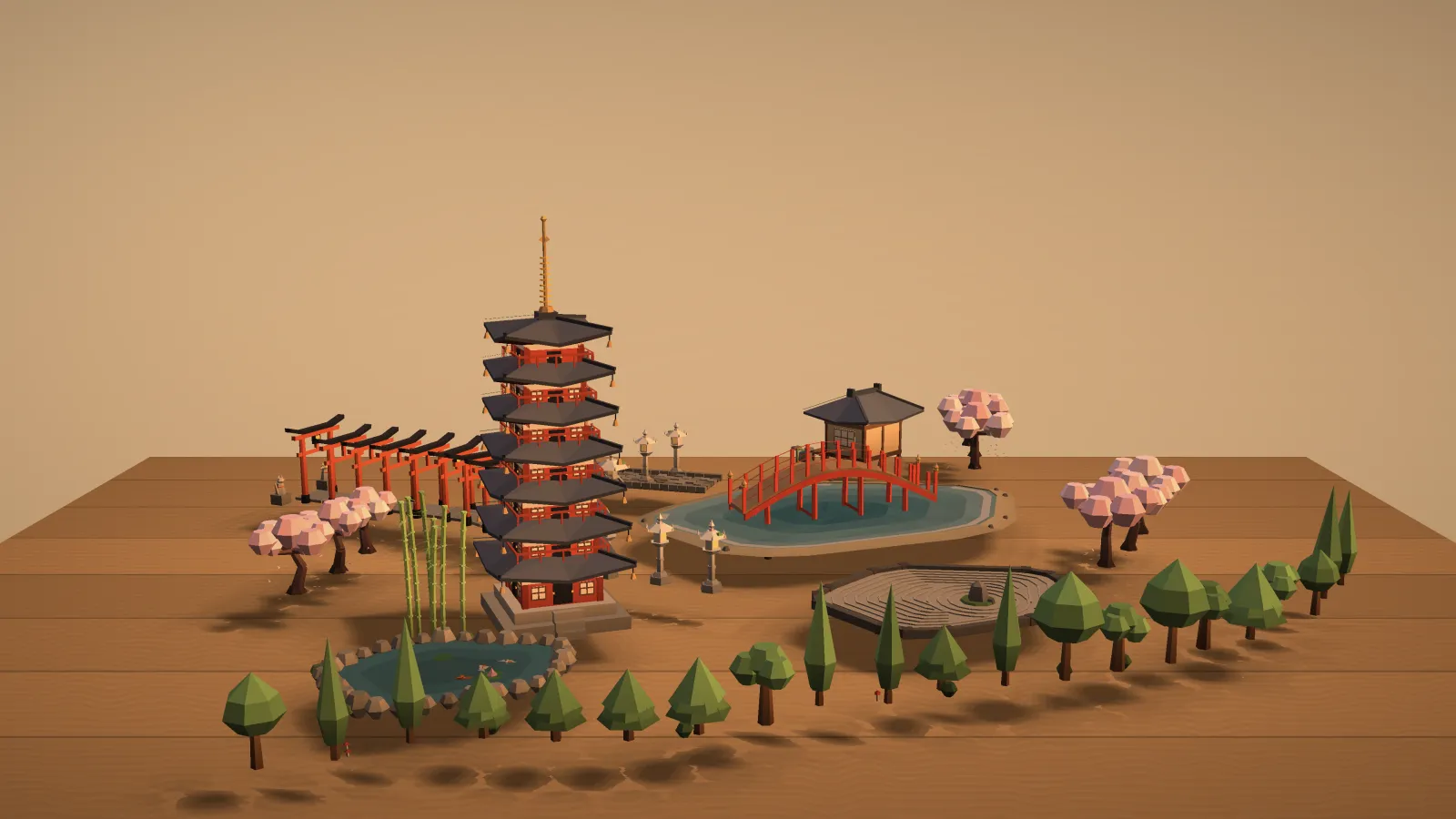 A cherry blossom garden with a pagoda and a red bridge