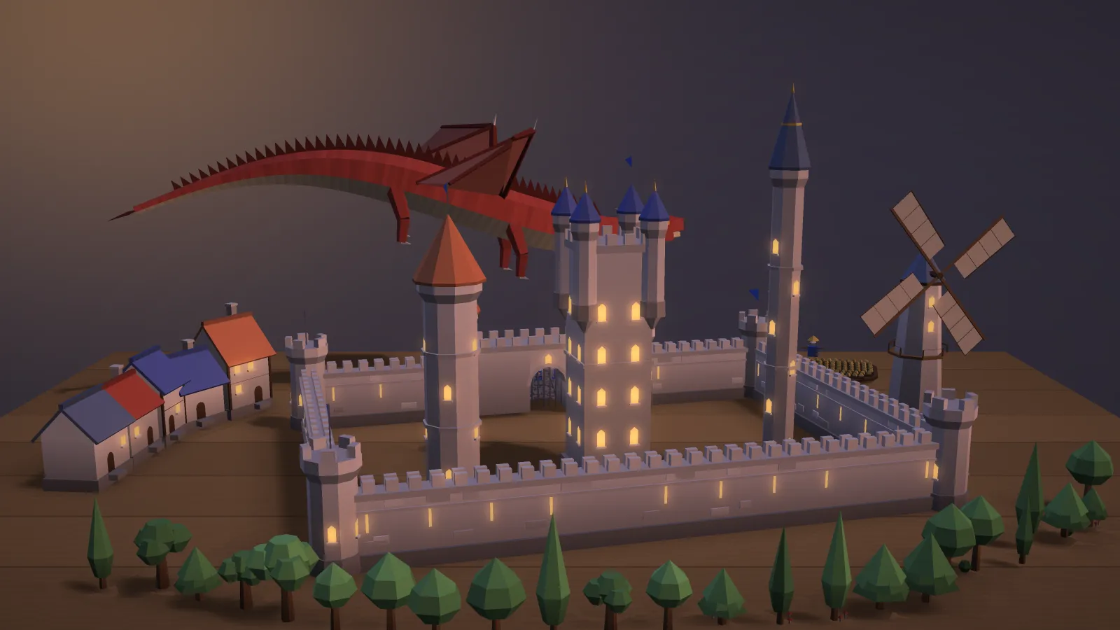 A castle kingdom at dusk with lit windows and a dragon