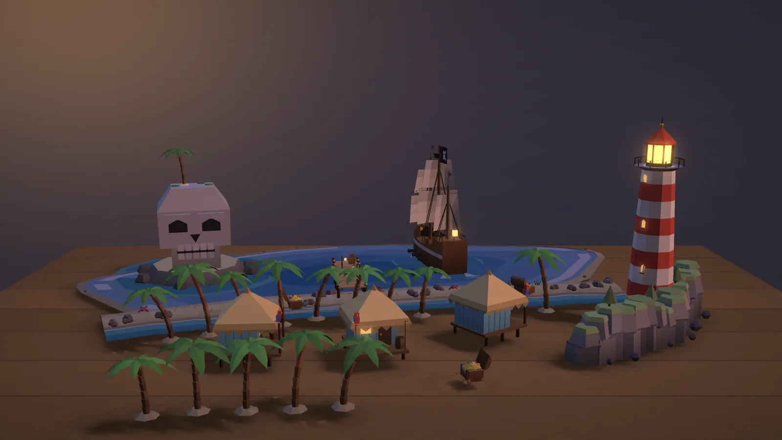 A pirate cove with a galleon, palm trees and a lighthouse