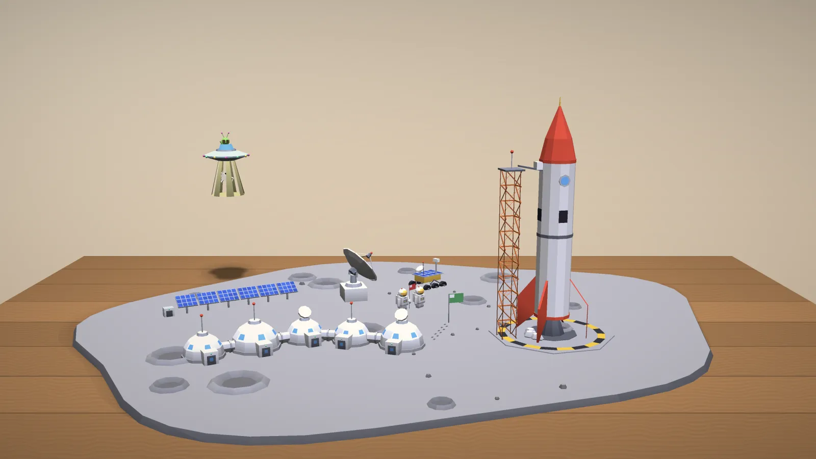 A moon base with a rocket and habitat domes
