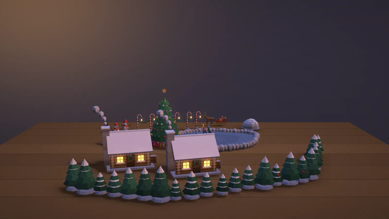 A winter village with cabins, an ice rink and a Christmas tree